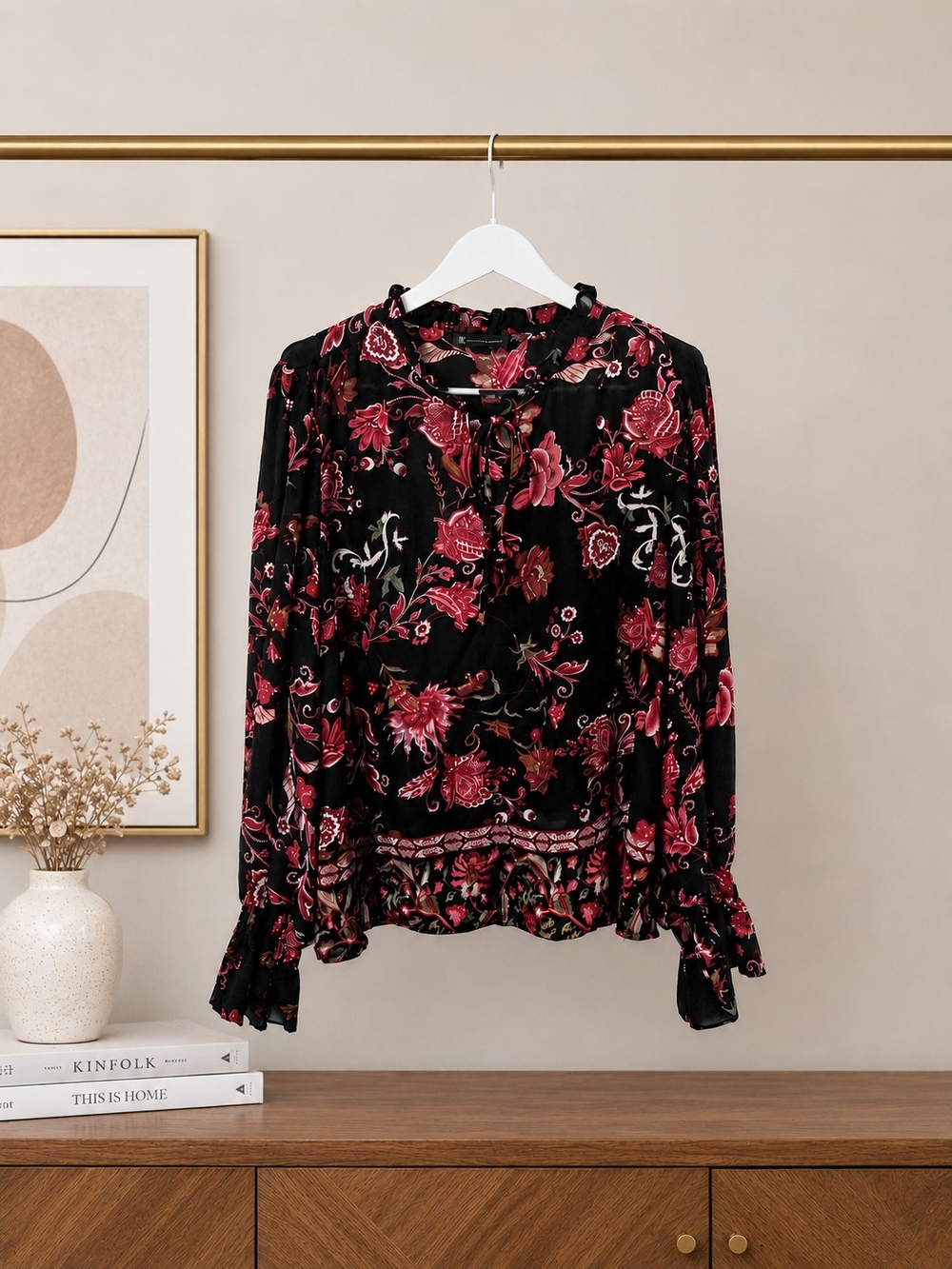 INC International Concepts Women’s XL Black Pink Floral Boho Peasant Blouse